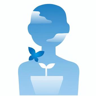 人のシルエットと空 人,上半身,シルエット,空,蝶々,双葉,植木鉢のイラスト素材