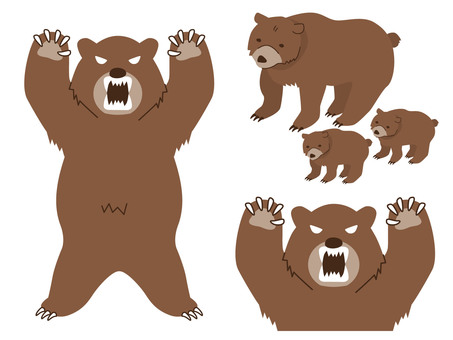 危険なイメージのヒグマセット 熊,襲う,ヒグマ,危険,凶暴,注意,出没,威嚇,怖い,遭遇のイラスト素材