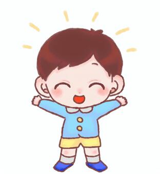 A boy who is happy to wear smock clothes and raise both hands, happy, joy, a nursery school, JPG and PNG