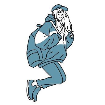 縮こまってジャンプするカジュアル服の女性 縮こまってジャンプするカジュアル服の女性 女性,全身,笑顔,ジャンプ,ポーズ,ジェスチャー,カジュアル,私服,バックパック,キャップのイラスト素材