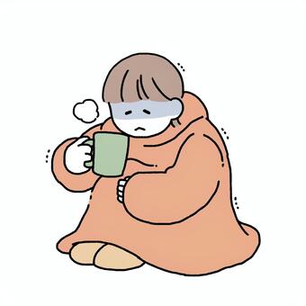 着る毛布を着て寒がる人 女の子,女性,毛布,着る毛布,防寒,寒い,震える,ガタガタ,辛い,しんどいのイラスト素材