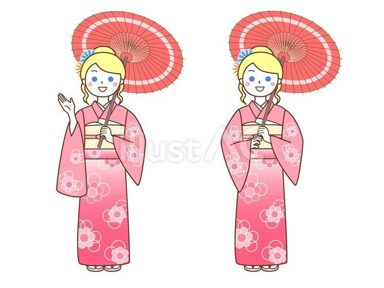 和傘をさし和装をする外国人女性 外国人観光客,観光客,訪日外国人のイラスト素材