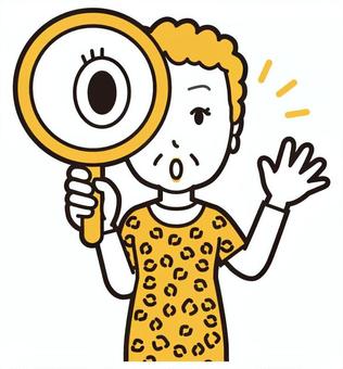  大阪のおばちゃん(黄)-168-バスト 虫眼鏡,おばちゃん,大阪,ヒョウ柄,おばはん,中年,女性,関西,派手,おばさんのイラスト素材