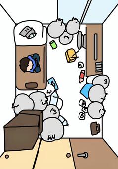 ゴミの溜まった部屋に住む男性上から ゴミ,部屋,散乱,男性,カラーのイラスト素材