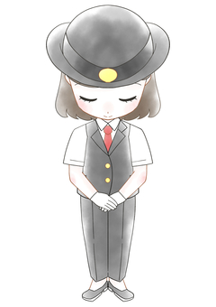 お辞儀をする女性駅員の水彩風イラスト お辞儀,謝罪,お詫び,女子,女性,駅員,車掌,運転士,駅係員,かわいいのイラスト素材