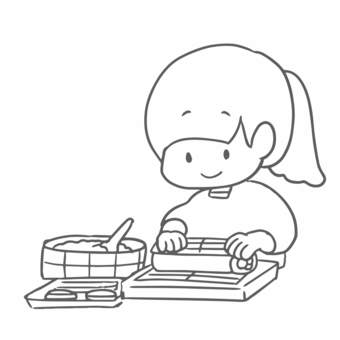巻き寿司を作る女の子（線画） 女の子,人物,かわいい,ワンポイント,巻き寿司,寿司,料理女子,太巻き,手巻き寿司,料理中のイラスト素材
