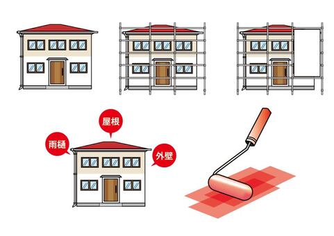 住宅塗装イラストセット赤系 住宅,塗装,外壁,工事,ペンキのイラスト素材
