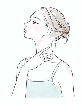 首の皺をチェックする女性 女性,人物,きれい,おしゃれ,考える,可愛い,表情,スキンケア,肌,触るのイラスト素材