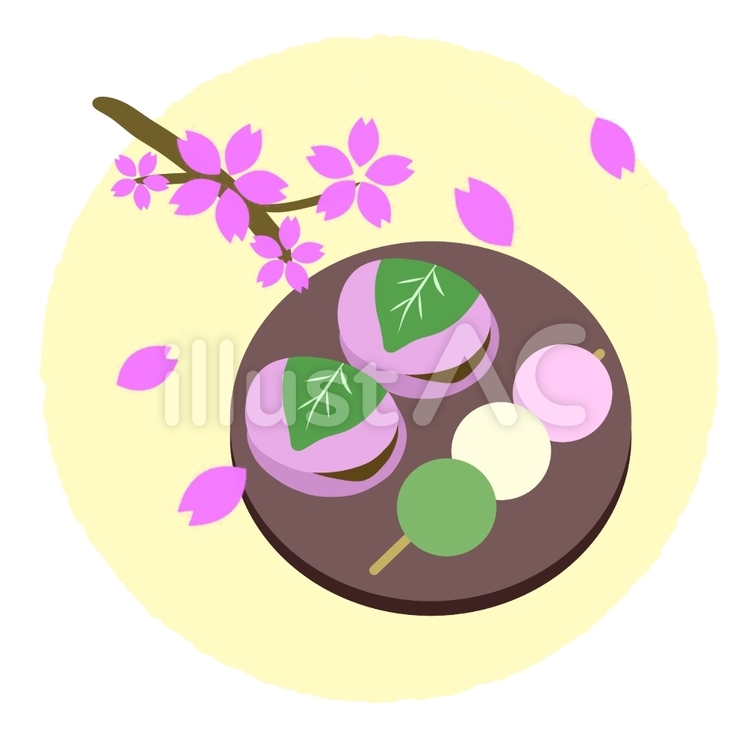 皿にのった和菓子と桜② 桜,和菓子,手書きのイラスト素材