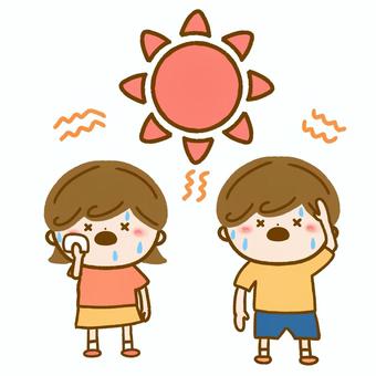 暑くて汗をかく子供達 子供,男,女,男の子,女の子,太陽,夏,暑い,猛暑,汗のイラスト素材