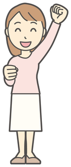  ロングヘア女性-141-全身 ガッツポーズ,女性,女の子,人物,かわいい,応援,喜ぶ,笑顔,表情,感情のイラスト素材