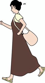 走る急ぐ女性 走る,急ぐ,用事,若い,女性,ワンピース,サンダル,横向き,線画のイラスト素材
