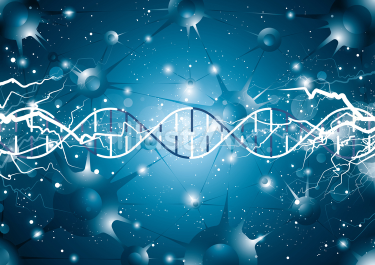 青色のDNAとシナプスの化学イメージ背景 シナプス,dna,電流のイラスト素材