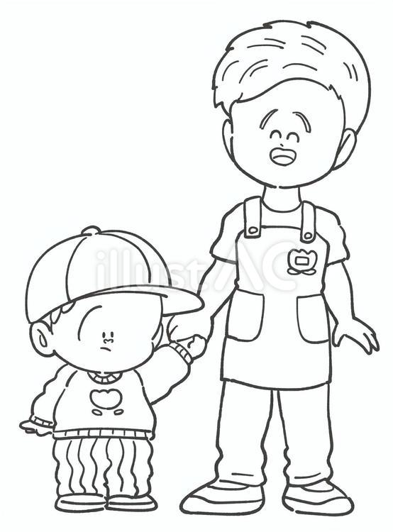 保育士と園児の白黒手描きイラスト2 男性保育士,白黒,保育士のイラスト素材