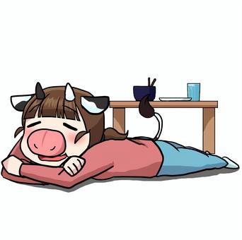牛になる女性 人物,生活,全身,女性,食後,寝る,牛,怠ける,素材のイラスト素材