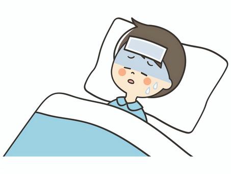 体調不良で寝込む男の子 風邪,熱,発熱,病気,寝込む,寝苦しい,うなされる,苦しい,しんどい,寒いのイラスト素材
