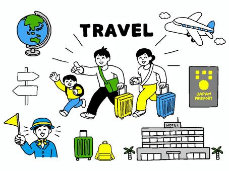 旅行する家族のイラストセット 旅行,人物,家族,海外旅行,ガイド,仕事,職業,飛行機,キャリーバッグ,親子のイラスト素材