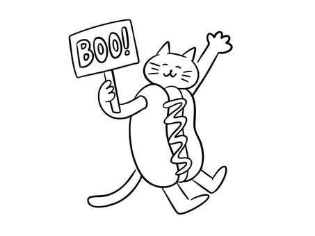 ホットドッグの仮装をする猫（モノクロ） 猫,ホットドッグ,仮装,コスチューム,コスプレ,看板,サプライズ,暮らし,かわいい,ゆるいのイラスト素材