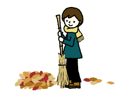 落ち葉集め 人物,女性,秋,冬,箒,落ち葉,枯葉,掃除,作業,掃くのイラスト素材