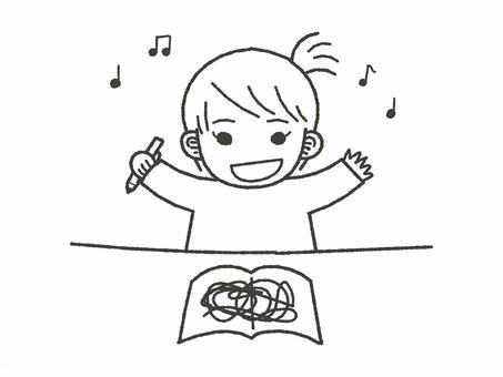 本に落書きする女の子(線画) 女の子,落書き,いたずら,子ども,幼児,幼い,楽しい,笑顔,本,えんぴつのイラスト素材