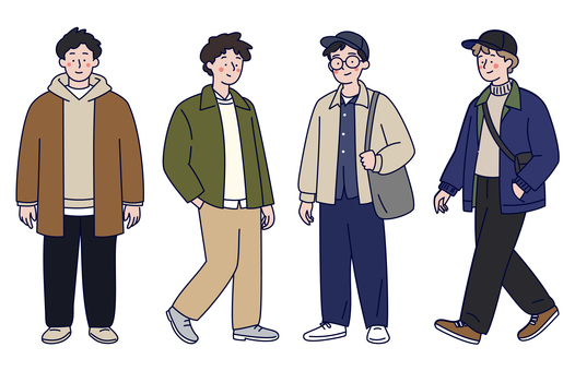 おしゃれな男子の冬の私服コーデセット 男性,私服,カジュアル,ファッション,ニット,ジャケット,パンツ,スウェット,トレーナー,シャツのイラスト素材