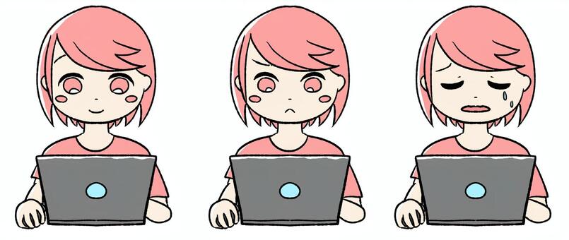 桃色の女の子 正面でパソコンセット ピンク,かわいい,手描き,正面,怒り顔,泣き顔,女の子,女性,若い女性,ピンク髪のイラスト素材