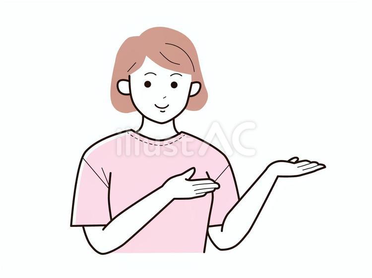 両手でどうぞとする女性／カラー 上半身,半袖,両手のイラスト素材