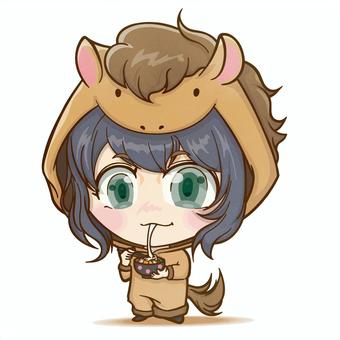 馬の着ぐるみを着てお雑煮を食べる女の子 馬の着ぐるみを着てお雑煮を食べる女の子 女の子,全身,デフォルメ,着ぐるみ,馬のイラスト素材