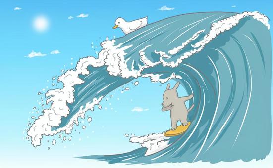 ビッグウェーブでサーフィンだ！ 夏,海,大波,ビッグウェーブ,サーフィン,波乗り,マリンスポーツ,晴れ,犬,あひるのイラスト素材