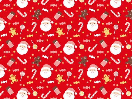 お菓子なクリスマスパターン_赤 クリスマス,背景,パターン,冬,手描き,可愛い,サンタクロース,お菓子,キャンディ,飴のイラスト素材