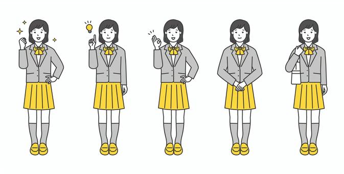 制服姿の女子学生の全身イラスト素材 高校生,中学生,学生,生徒,制服,ブレザー,人物,女子,学校,笑顔のイラスト素材