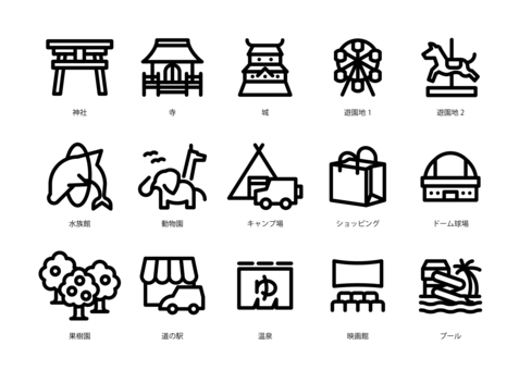 観光地のアイコン（線画） 観光地,アイコン,線画,神社,鳥居,寺,神社仏閣,城,遊園地,テーマパークのイラスト素材