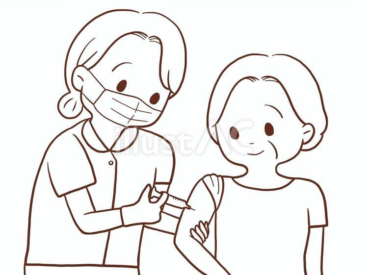 注射を受ける高齢女性(マスクあり色なし) 女性,看護師,医療のイラスト素材