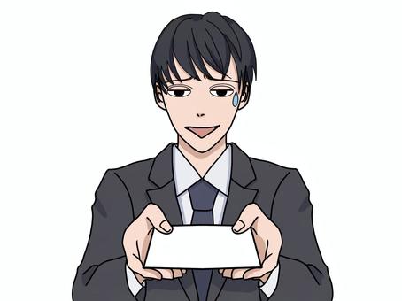 イヤイヤ名刺を渡すスーツ姿の男性 名刺,名刺交換,男性,スーツ,ビジネスマン,営業,苦手,新人,困った顔,渋々のイラスト素材