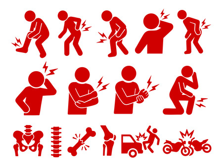 痛みを表現したピクトグラムセット 交通事故,バイク,骨,骨盤,痛み,腰痛,捻挫,膝痛,人,セットのイラスト素材