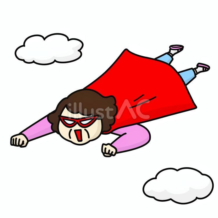 空を飛ぶマントと仮面をつけた中年女性 おばさん,お母さん,正義の味方のイラスト素材