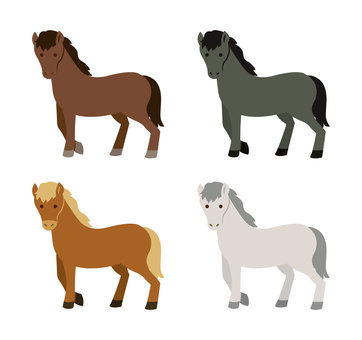 干支の午・馬セット_年賀素材4 馬,動物,生物,競馬,たてがみ,サラブレッド,全身,毛色,ポーズ,横向きのイラスト素材