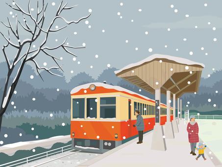 雪景色　冬の駅 雪景色,冬,電車,鉄道,雪,親子,子供,駅,地方,田舎のイラスト素材