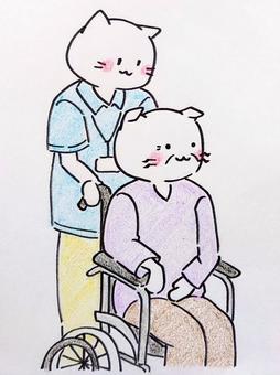 車椅子を押すねこ介護士 介護士,介護,福祉,介護施設,老人ホーム,デイサービス,介護サービス,車椅子,お年寄り,老人のイラスト素材