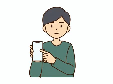 スマートフォンを指さす男性