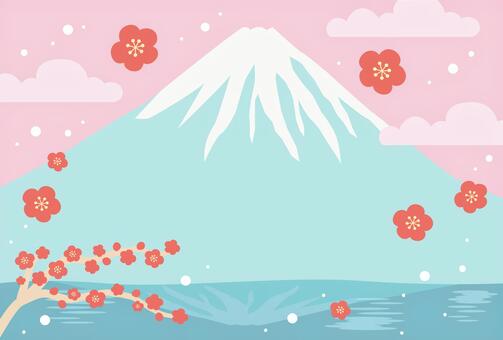 正月・年賀状背景 富士山と梅の花 ピンク 正月,お正月,背景,年賀状,富士山,梅,花,年賀状素材,年賀はがき,和風のイラスト素材