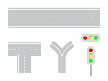 道路のイラストセット 道路,信号機,y字,t字,交通,アイコン,セット,イラスト,かわいい,フラットのイラスト素材