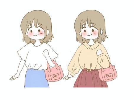 夏から秋への着替え 女性,夏服,秋服,衣替え,季節の変わり目,季節,ファッション,コーディネート,服装,ライフスタイルのイラスト素材