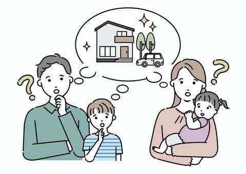 新築について考える家族　セット お母さん,お父さん,家族,夫婦,親子,お金,赤ちゃん,子ども,資産,資産形成のイラスト素材