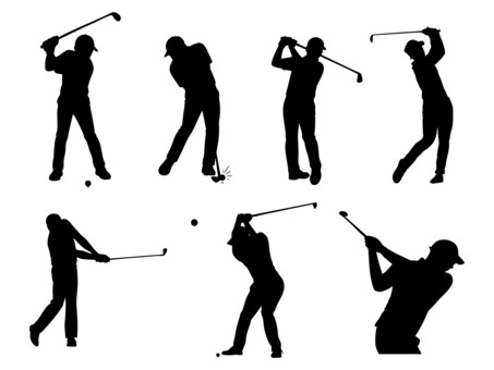 ゴルフスイングのシルエットイメージセット ゴルフ,スイング,スポーツ,シルエット,イメージ,アイコン,競技,運動,シンプル,ワンポイントのイラスト素材