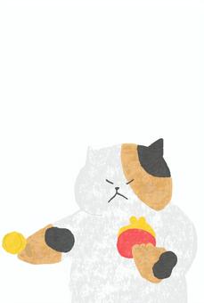 支払うねこちゃんのポストカード ねこ,三毛猫,動物,いきもの,ペット,お金,支払う,渡す,買う,購入のイラスト素材