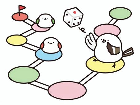すごろくで遊ぶシマエナガ シマエナガ,エナガ,鳥,野鳥,動物,お正月,賀正,双六,ゲーム,ボードゲームのイラスト素材