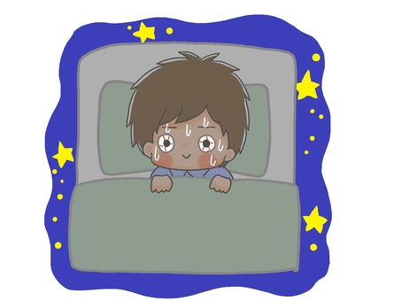 目がさえて寝れない４ 手描き,男の子,茶髪,枕,布団,夜,夜中,不眠,眠れない,寝不足のイラスト素材