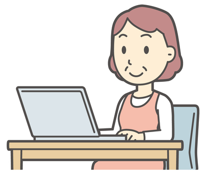  ノートパソコンを笑顔で操作するおばさん パソコン,女性,人,主婦,中年,シニア,エプロン,ママ,お母さん,おかんのイラスト素材