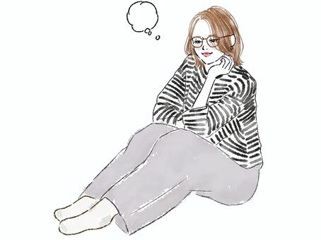 女性　ボーダー　全身　吹き出し　眼鏡 女性,全身,ボーダー,座る,眼鏡,吹き出し,グレー,頬杖,カジュアル,おしゃれのイラスト素材